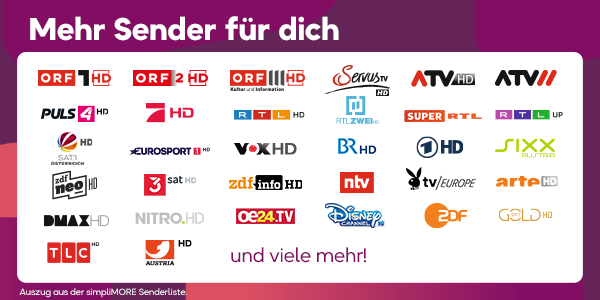 Senderauflistung: Über 100 Sender inkl. HD. Beispielsweise ORF, ZDF, Servus TV, VOX, Puls 4, RTL und viele andere mehr